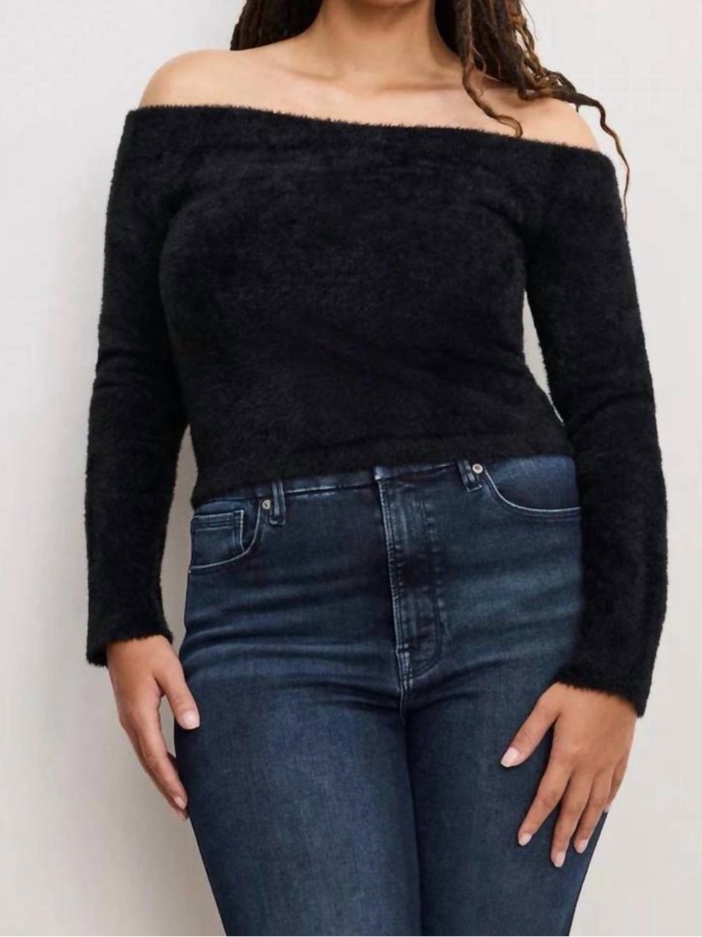 NWT Good American Plush Off Shoulder Cropped Sweater Top 2XL Black Eyelash Knit
